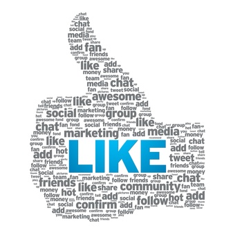 A 'word cloud' in the shape of a fist in thumbs up gesture with the work 'Like' in big letters in the middle