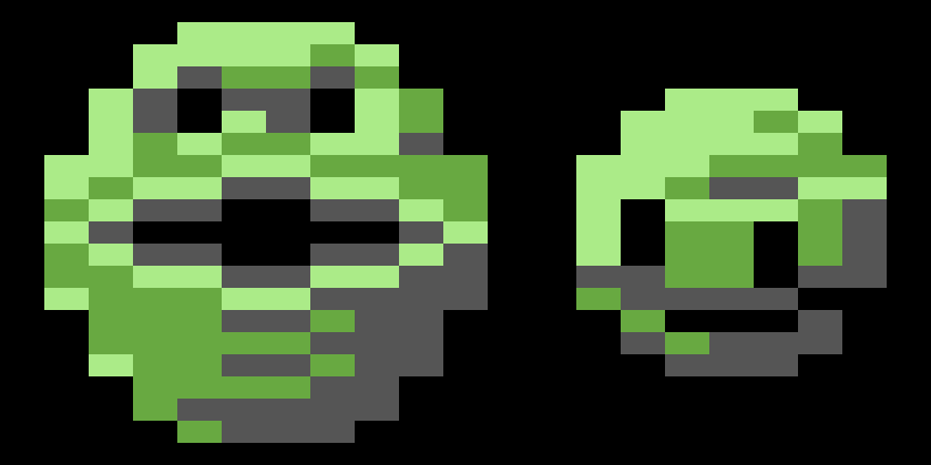 A blown-up version of the sprites for the Wizball and Cat from Wizball